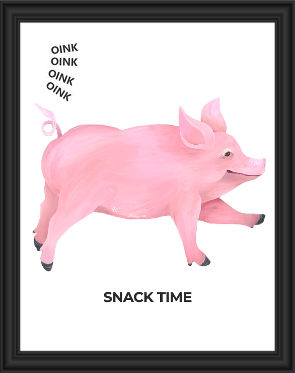 A pink pig with text 'SNACK TIME' and oink sounds.