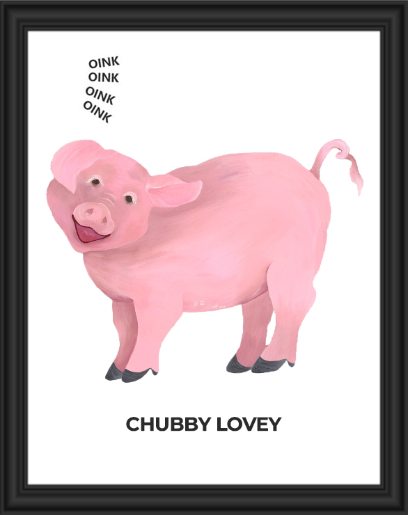 A cute, chubby pink pig smiling playfully.
