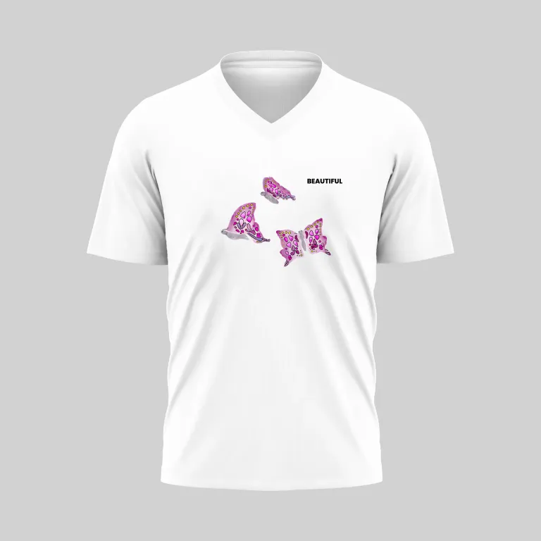 White V-neck T-shirt with pink butterfly design.