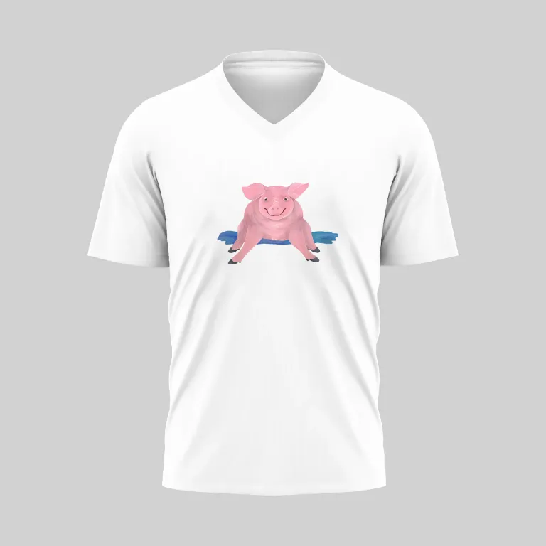 White V-neck T-shirt with a colorful abstract design.