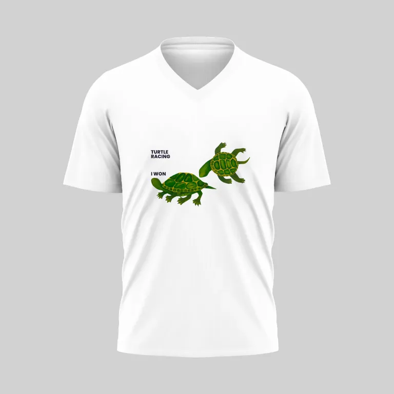 White V-neck T-shirt with a cute green dinosaur graphic.