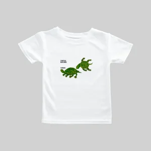 White t-shirt with a green dinosaur and "ROAR" text.
