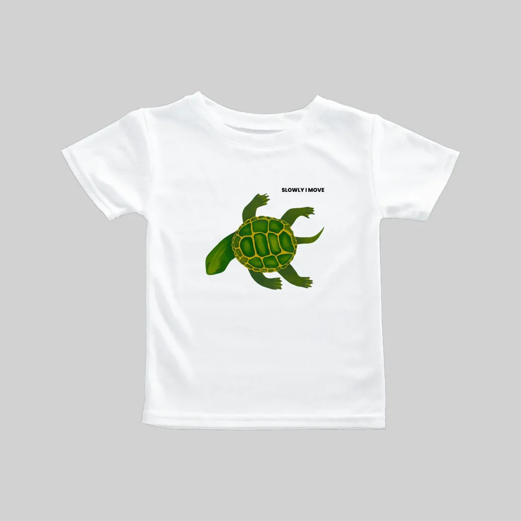 White t-shirt featuring a green turtle graphic and text.