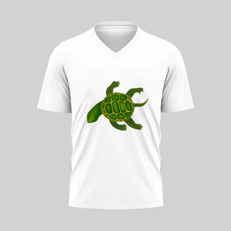 White V-neck T-shirt with a green turtle graphic on the front.