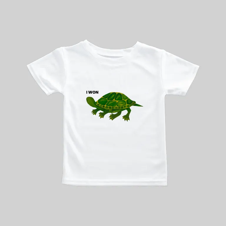 White T-shirt with a green turtle design and text.