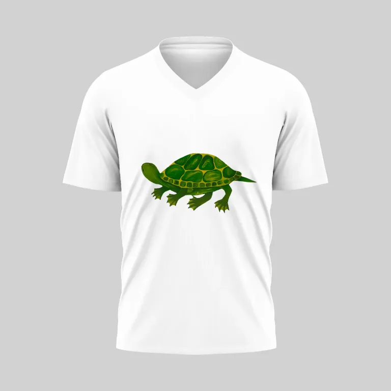 White V-neck T-shirt with a green turtle design on the front.