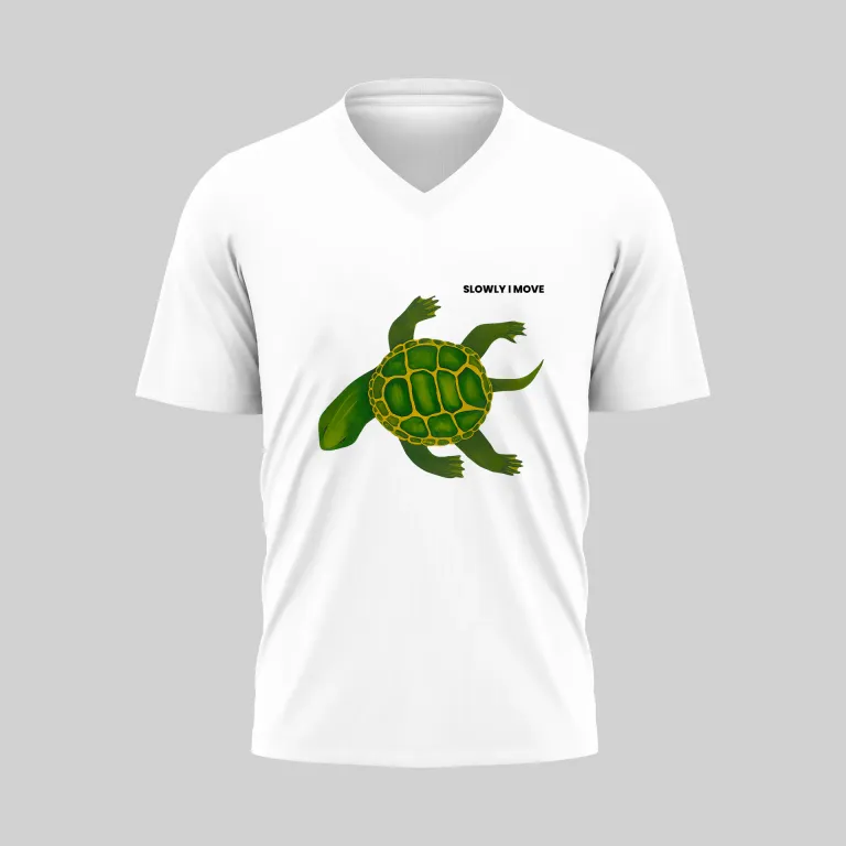 White V-neck T-shirt with a green sea turtle graphic.