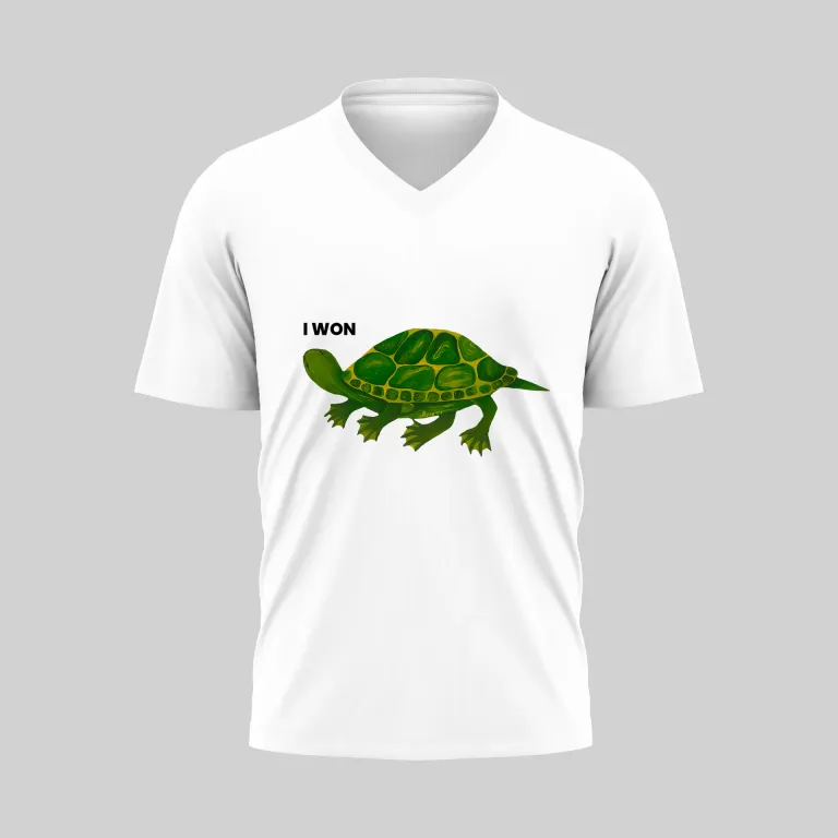 White V-neck T-shirt with a green turtle graphic and text.