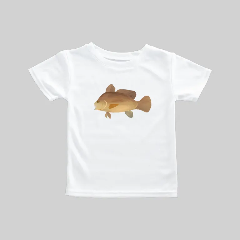 White t-shirt with a detailed fish graphic on the front.