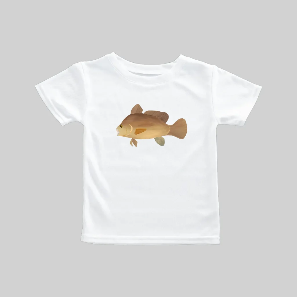 White t-shirt with a brown fish illustration on the front.