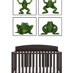 Four green frog illustrations displayed above a dark wooden crib.