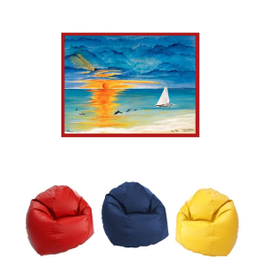 Colorful painting above three bright bean bags in red, blue, and yellow.