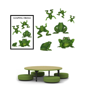 Green frog wall decals and round table with stools.