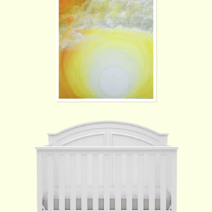 Bright yellow sun painting above a white baby crib on a pale wall.