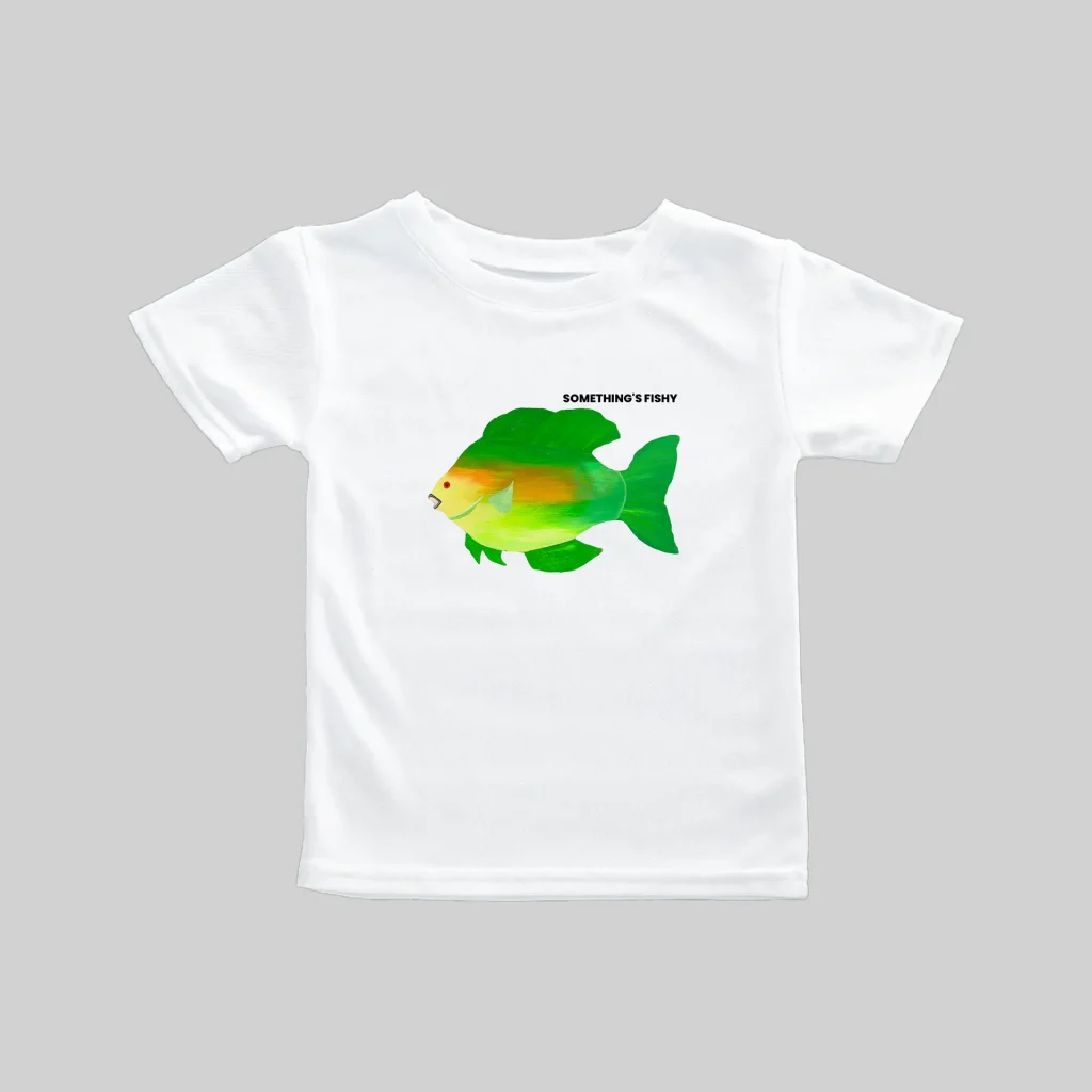 White t-shirt with a colorful green and yellow fish graphic.