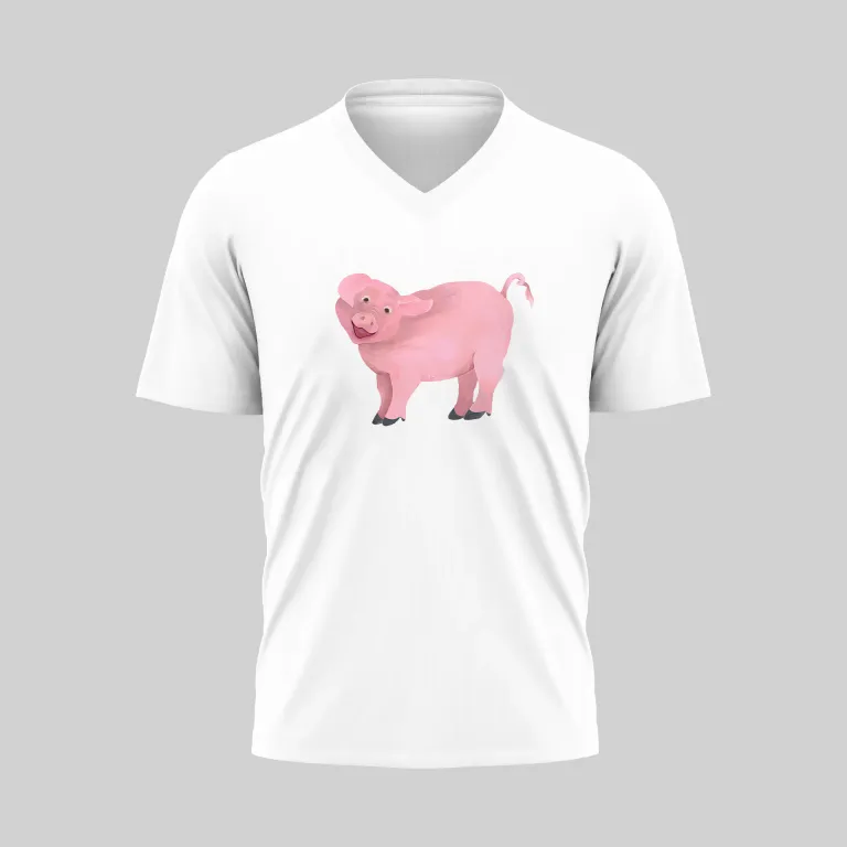White V-neck shirt with a pink pig graphic on the front.