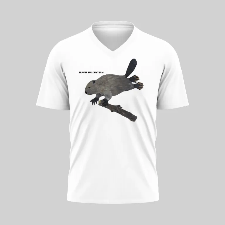 White V-neck T-shirt with a black bird graphic on a branch.