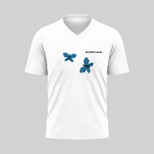 White V-neck T-shirt with blue butterfly design and text.