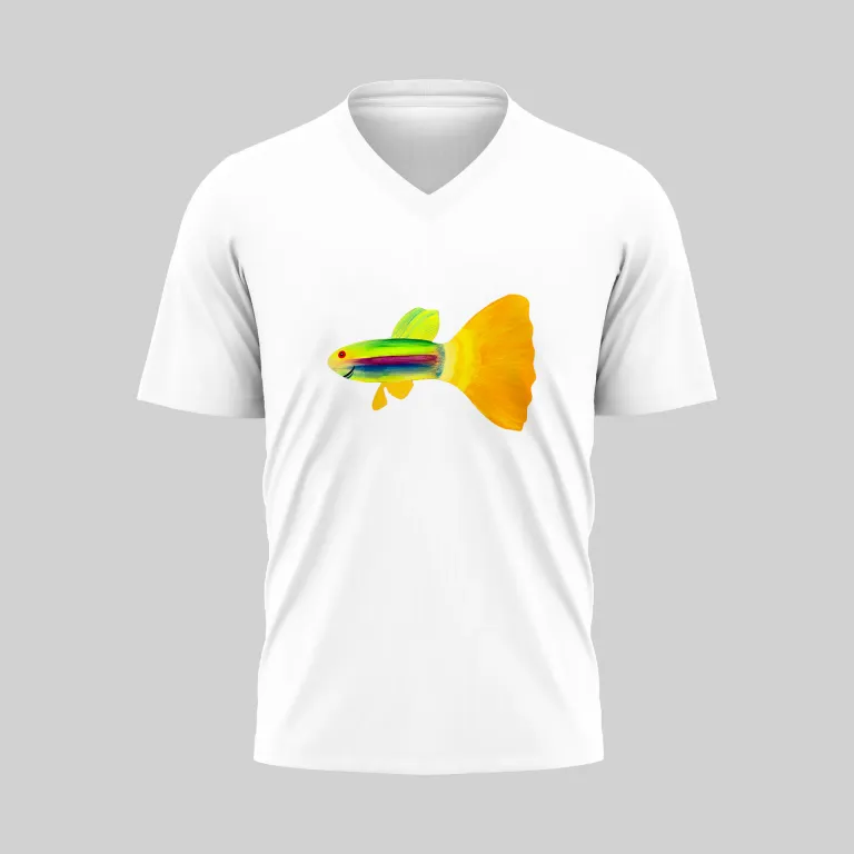 White V-neck T-shirt with a colorful fish design.