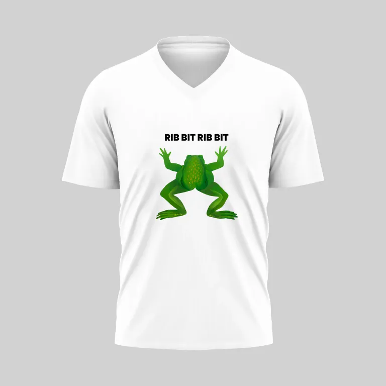 White V-neck T-shirt with two green frogs and text.