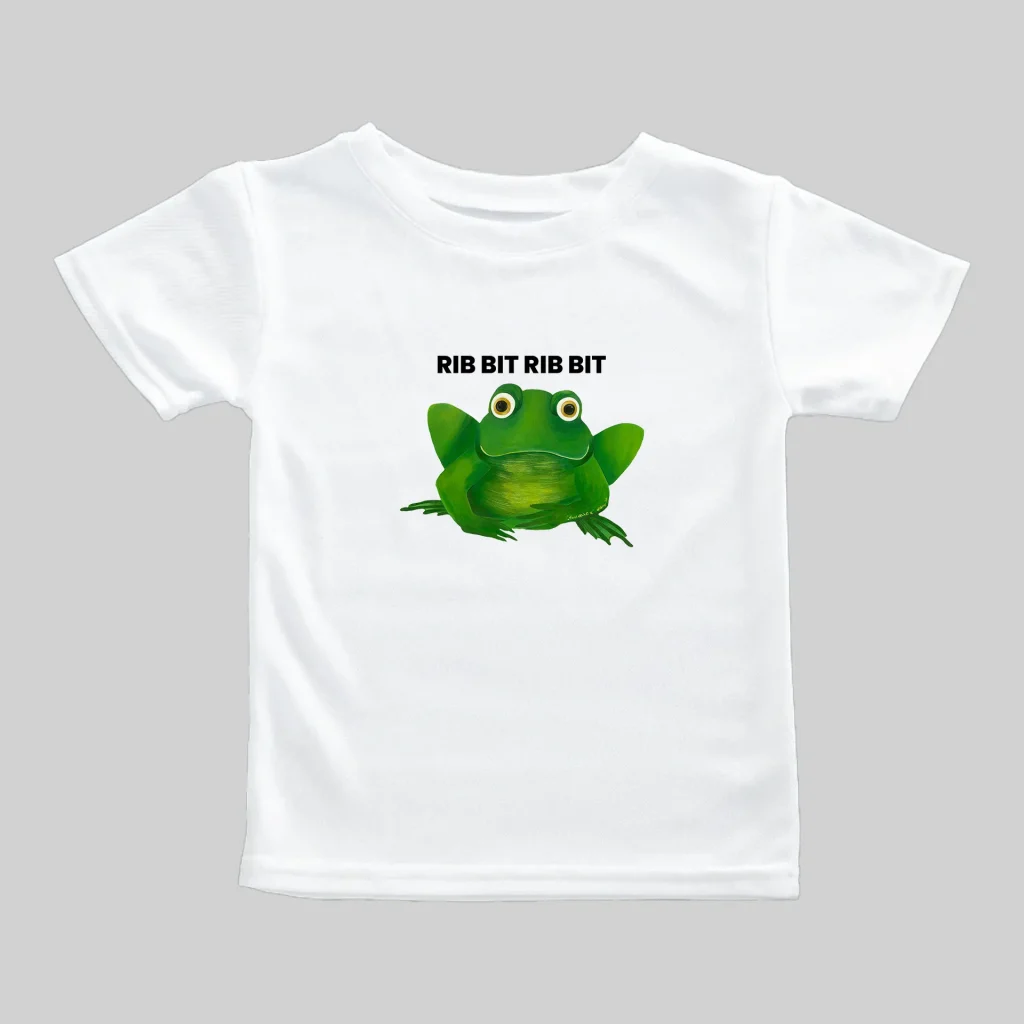 White T-shirt with a cartoon frog and text "RIBBIT RIBBIT".