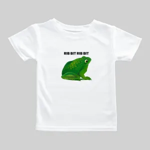 White t-shirt with a green frog and text design.