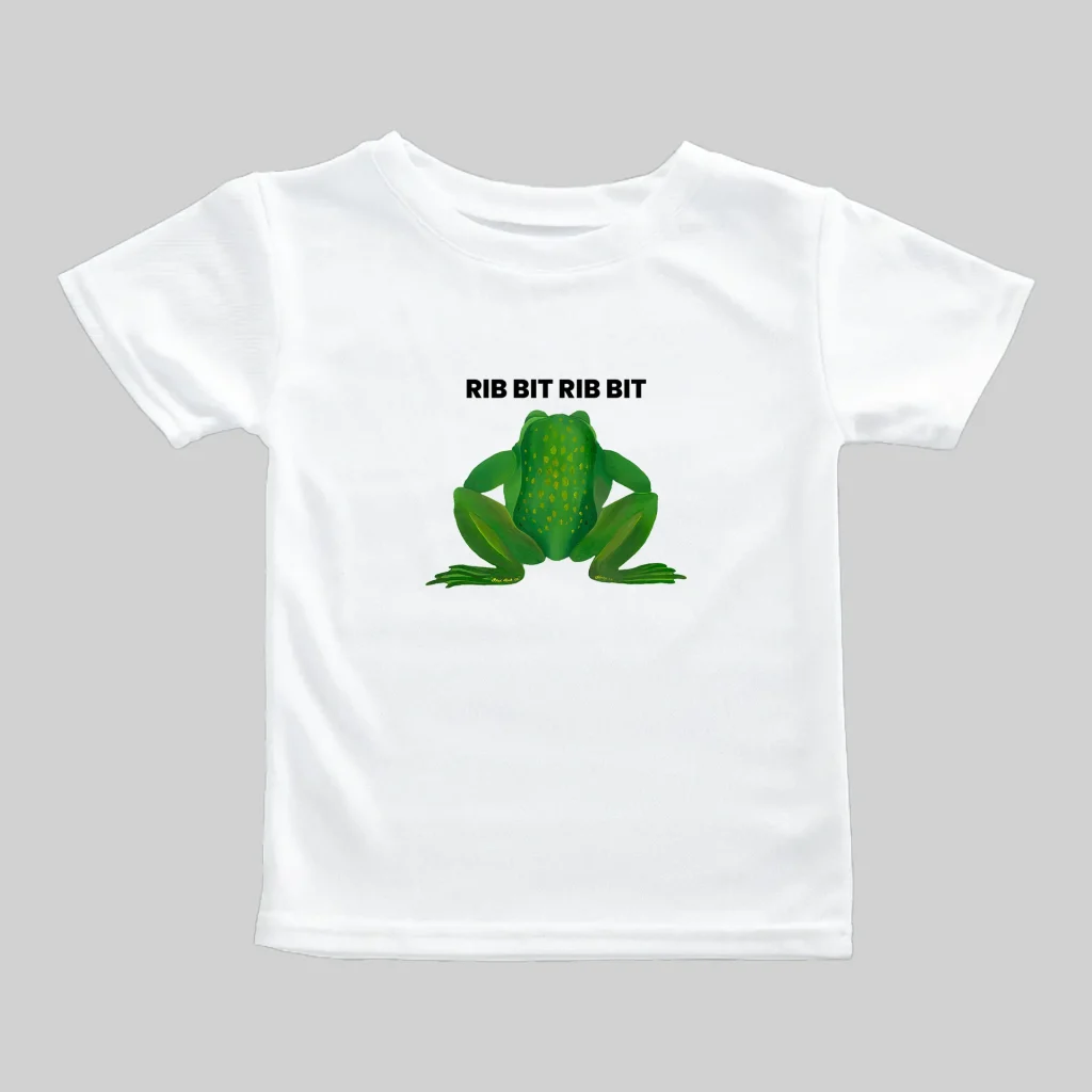 White t-shirt with a green frog and the text 'Ribbit Ribbit'.