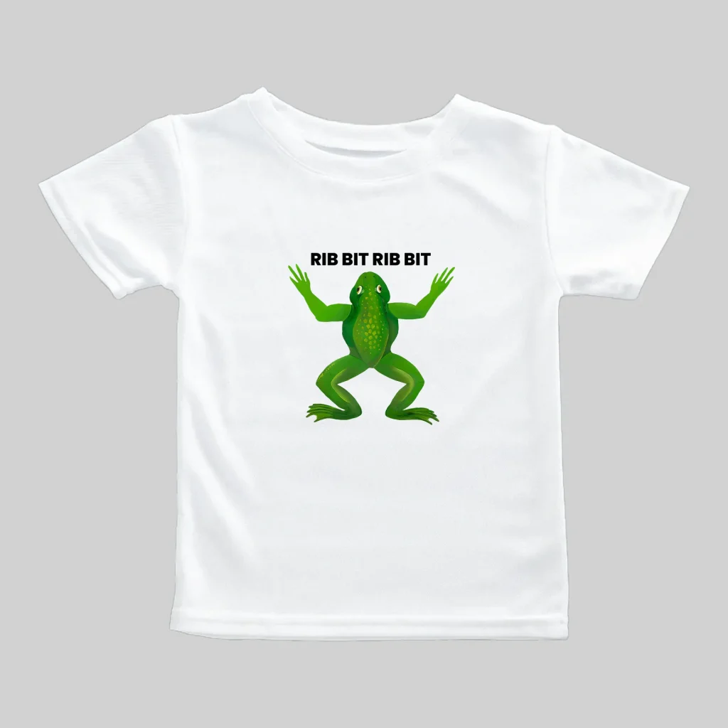 White T-shirt with a green frog graphic and text.