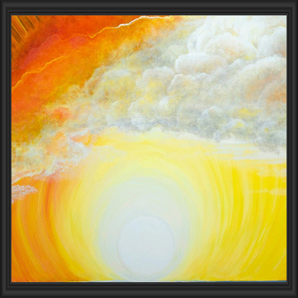 A vibrant sunrise with glowing clouds and warm yellow hues.