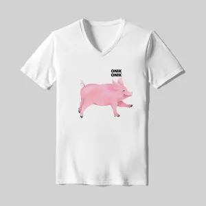 White t-shirt with a pink pig graphic and text.