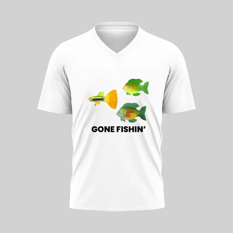 White V-neck T-shirt with colorful fish and 'Gone Fishin'' text.