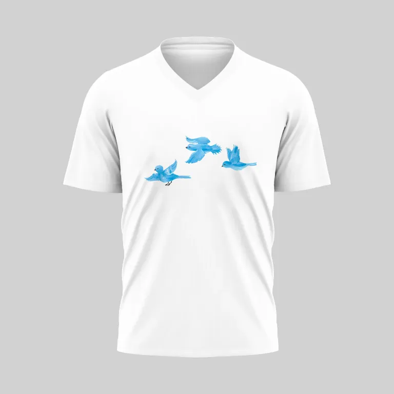White v-neck t-shirt with blue flying bird design.
