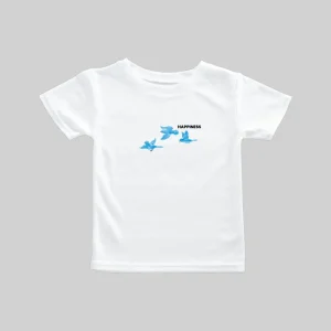 White T-shirt with blue airplane and text print design.