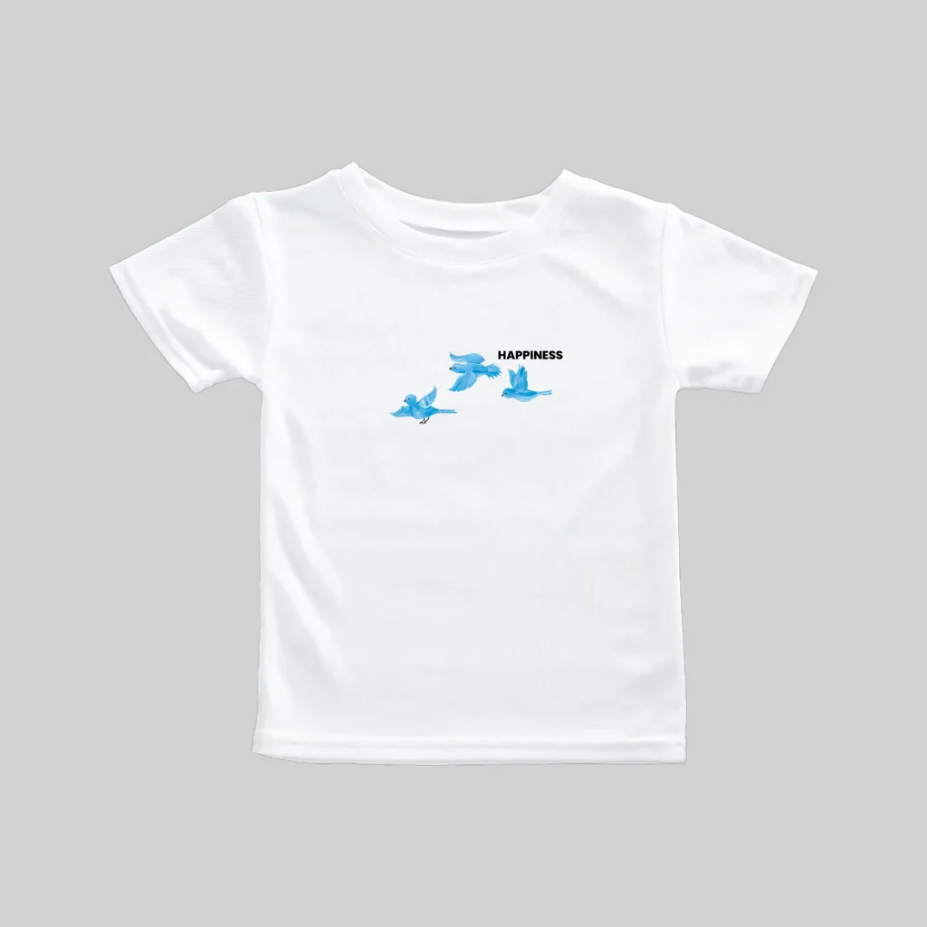 White t-shirt with a small blue graphic and text design on the front.