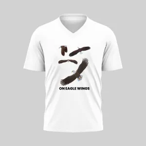 White t-shirt with a baseball glove and bat graphic and text.