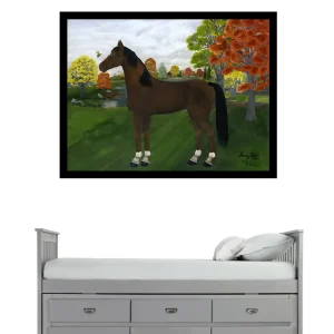 A framed artwork of a brown horse above a white bed with drawers.