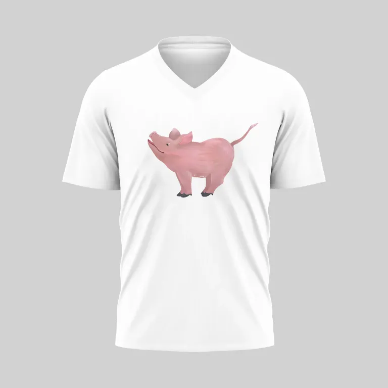 White V-neck T-shirt with a pink pig graphic on the front.