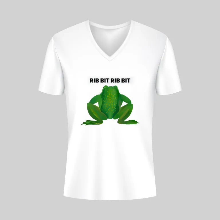 White V-neck shirt with a green frog and text.