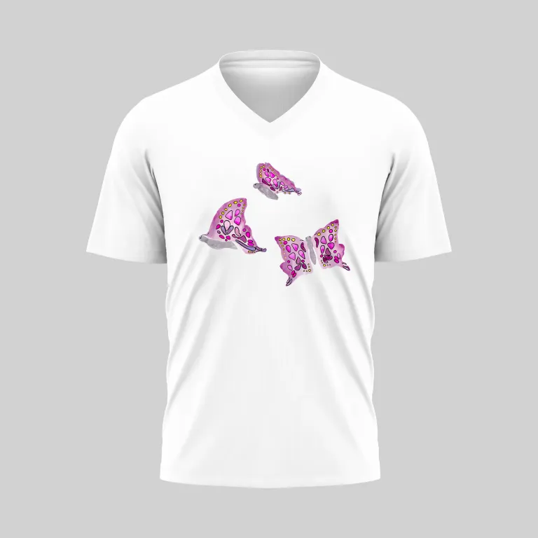White V-neck t-shirt with pink butterfly design on front.