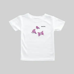 White t-shirt with pink butterfly designs and text.