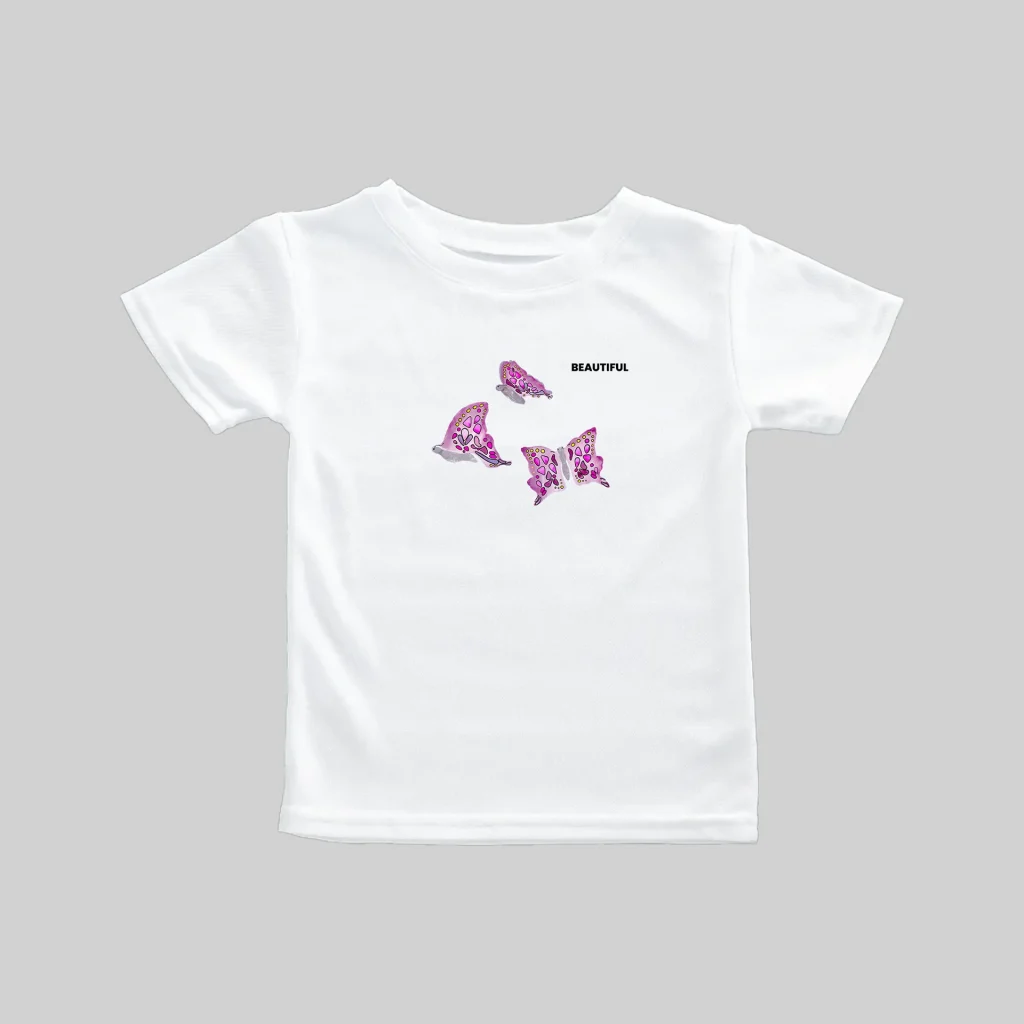 White T-shirt with pink butterfly design and text.