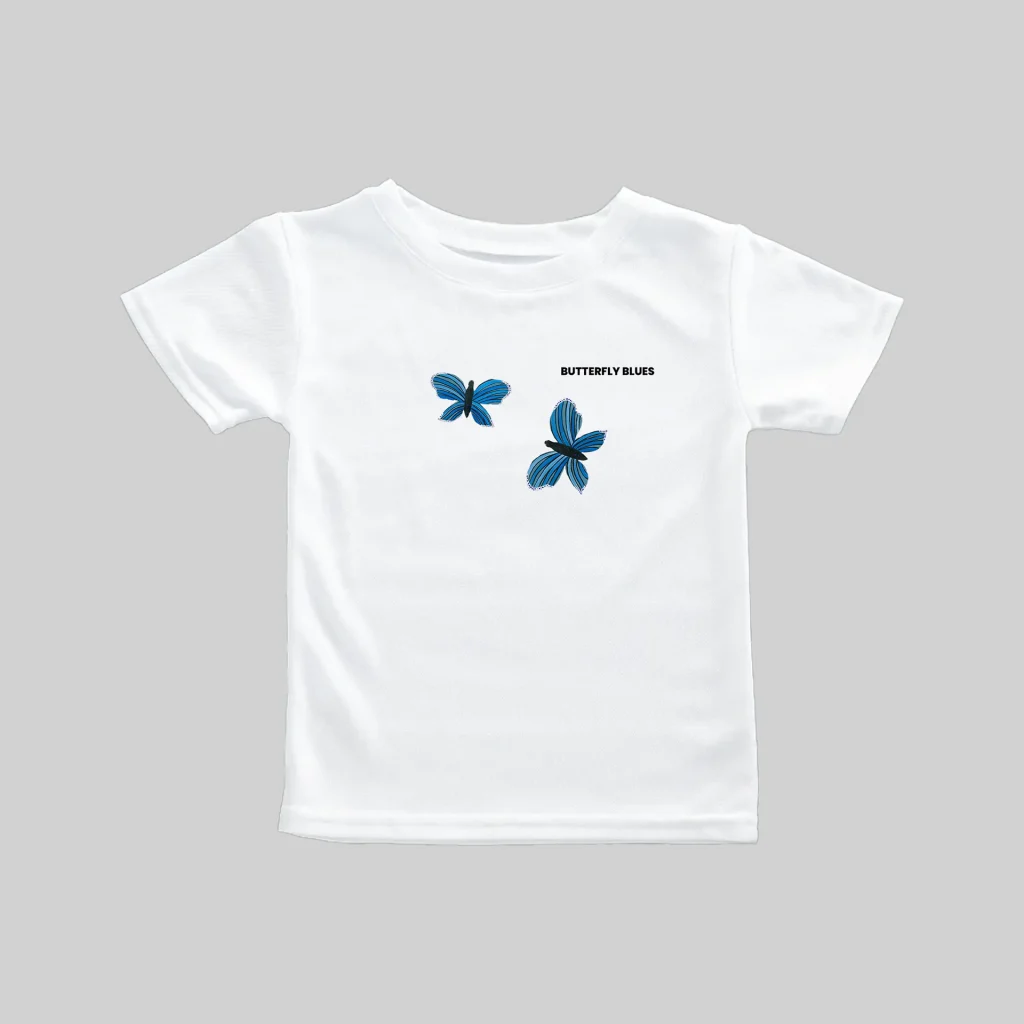 White T-shirt with blue balloon dog graphic and small text.