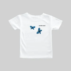 White T-shirt with blue butterfly prints and text.