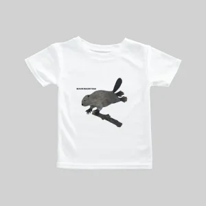 White T-shirt with a black abstract bird design.