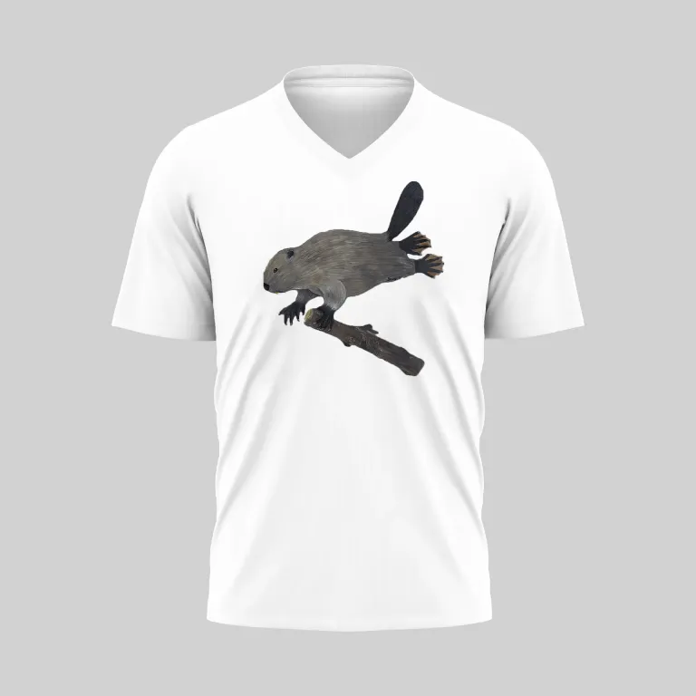 White V-neck T-shirt with a black frog graphic on the front.