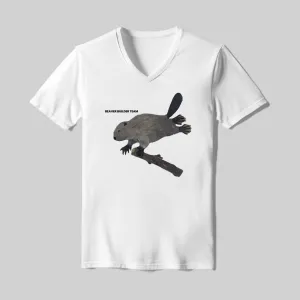 White V-neck T-shirt with a black silhouette of a skateboarder doing a trick.