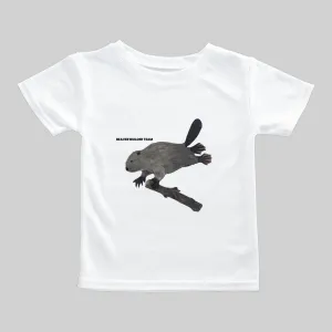 White T-shirt with a black silhouette of a rabbit and text.