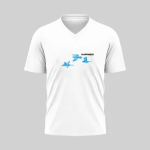 White V-neck T-shirt with blue graphic design on the chest.