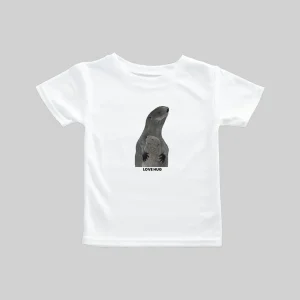 White t-shirt with a black rabbit graphic and text below it.
