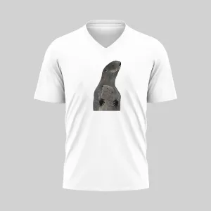 White V-neck T-shirt with a black abstract design.